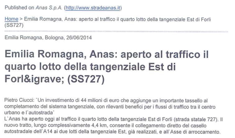 Emilia Romagna, Anas: Aperto al traffico il quarto lotto della tangenziale Est di Forlì (SS727)